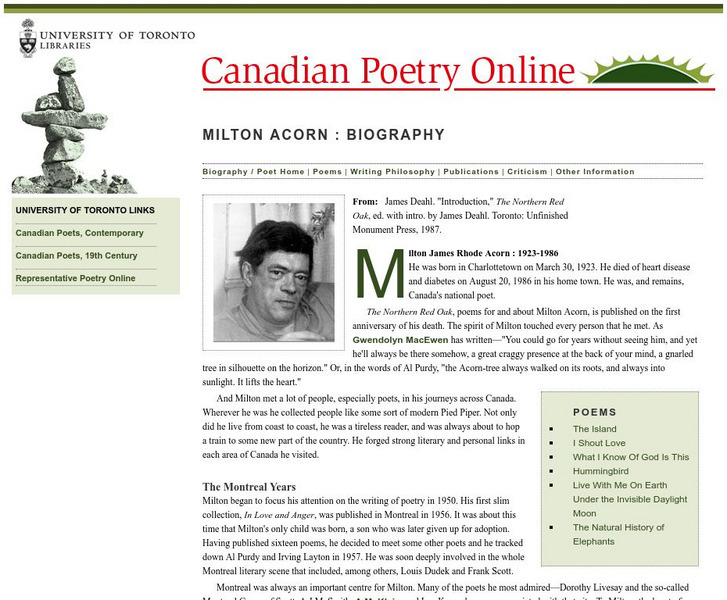 University of Toronto Libraries: Canadian Poetry Online: Milton Acorn Website University of Toronto Libraries: Canadian Poetry Online: Milton Acorn Website