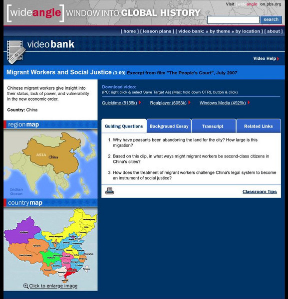 Wnet: Thirteen: Wide Angle: Video Bank: China: Migrant Workers and Social Justice Instructional Video