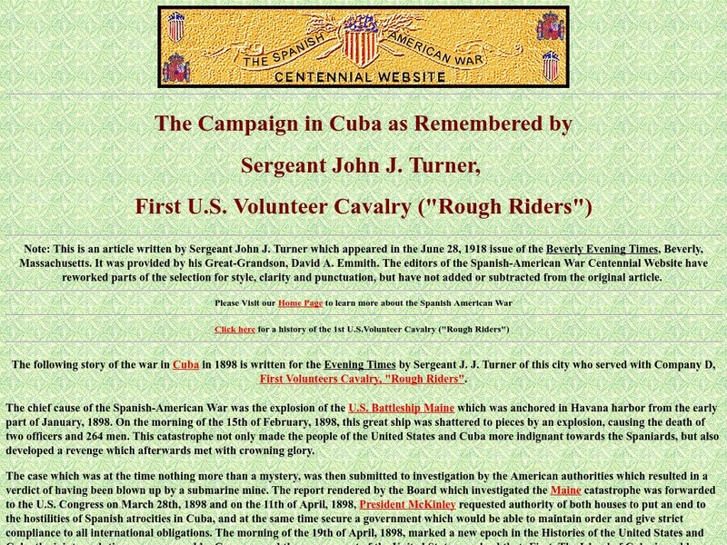 Spanish American War Centennial: The Campaign in Cuba: Sergeant John J. Turner, Usv Primary