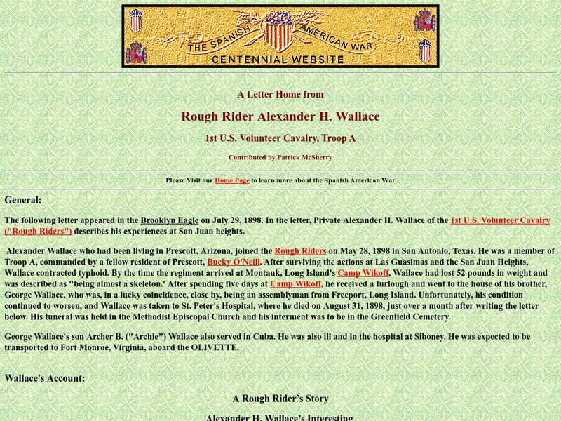 Spanish American War Centennial: A Letter Home From Rough Rider Alexander H. Wallace Primary