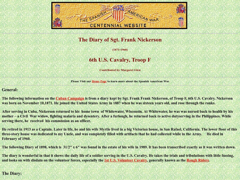 Spanish American War Centennial: The Diary of Sgt. Frank Nickerson Primary Spanish American War Centennial: The Diary of Sgt. Frank Nickerson Primary