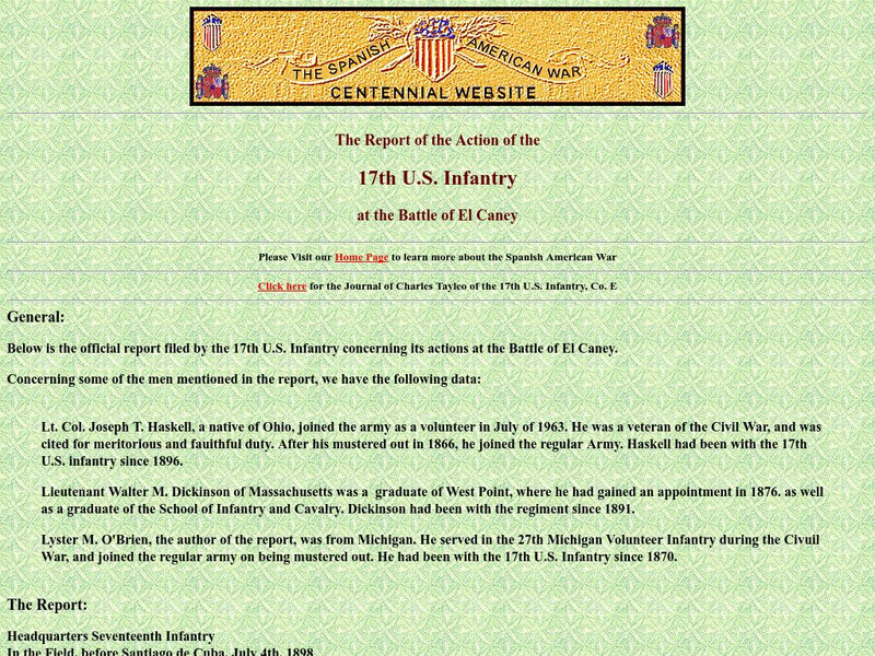 Spanish American War Centennial: Report of the Action: 17th u.s. Infantry: Battle of El Caney Primary