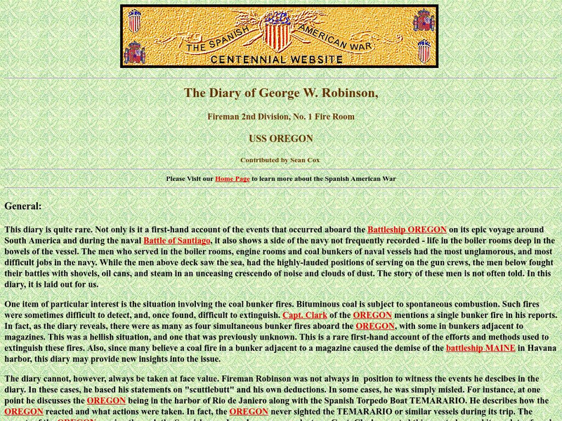 Spanish American War Centennial: The Diary of George W. Robinson: Uss Oregon Primary Spanish American War Centennial: The Diary of George W. Robinson: Uss Oregon Primary