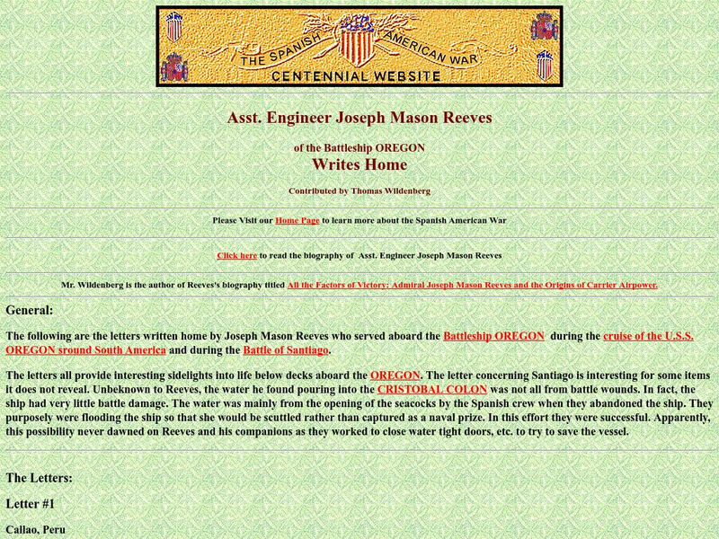 Spanish American War Centennial: Assistant Engineer Joseph Mason Reeves: Oregon: Letter Primary