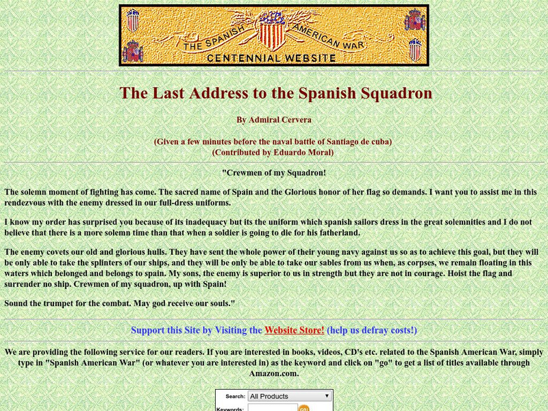 Spanish American War Centennial: The Last Address to the Spanish Squadron by Admiral Cervera Primary