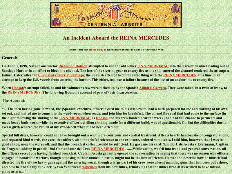 Spanish American War Centennial: An Incident Aboard the Reina Mercedes Primary Spanish American War Centennial: An Incident Aboard the Reina Mercedes Primary