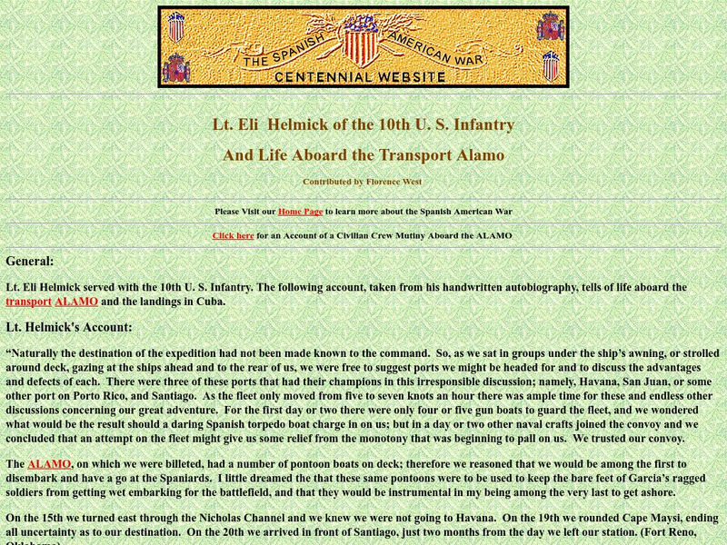 Spanish American War Centennial: Lt. Eli Helmick: 10th u.s. Infantry: Life Aboard the Transport Alamo Primary Spanish American War Centennial: Lt. Eli Helmick: 10th u.s. Infantry: Life Aboard the Transport Alamo Primary