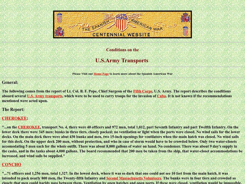 Spanish American War Centennial: Conditions on the u.s. Army Transports Primary Spanish American War Centennial: Conditions on the u.s. Army Transports Primary