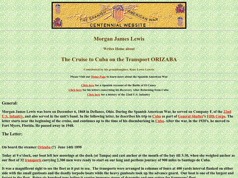 Spanish American War Centennial: Morgan James Lewis Writes Home About Cruise to Cuba: Orizaba Primary Spanish American War Centennial: Morgan James Lewis Writes Home About Cruise to Cuba: Orizaba Primary
