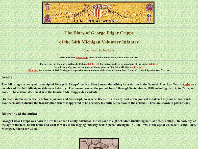 Spanish American War Centennial: The Diary of George Edgar Cripps: 34th Michigan Volunteer Infantry Website Spanish American War Centennial: The Diary of George Edgar Cripps: 34th Michigan Volunteer Infantry Website