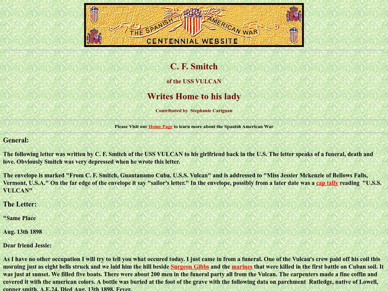 Spanish American War Centennial: C. F. Smitch of the Uss Vulcan Writes Home to His Lady Website Spanish American War Centennial: C. F. Smitch of the Uss Vulcan Writes Home to His Lady Website
