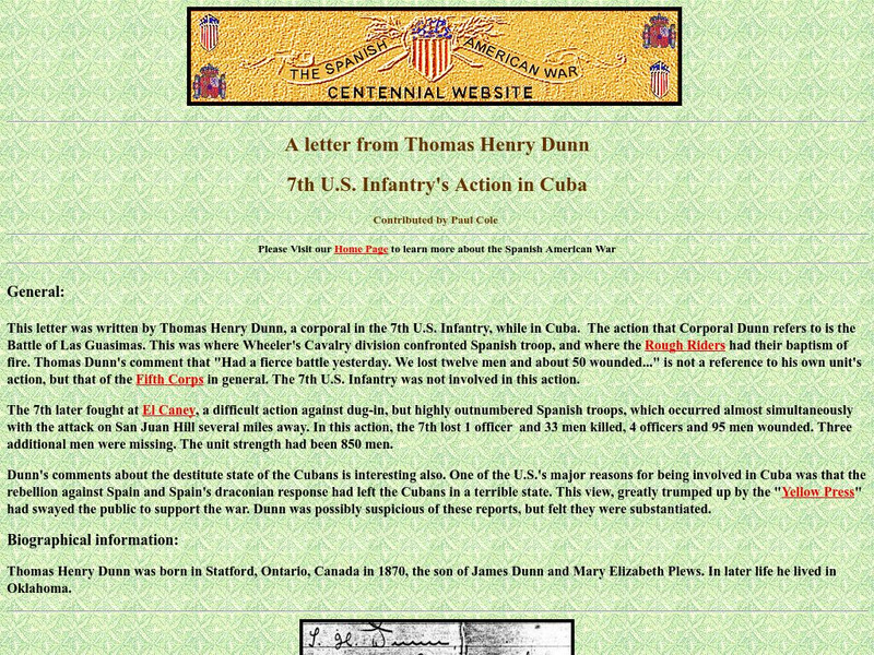 Spanish American War Centennial: A Letter From Thomas Henry Dunn: 7th u.s. Infantry Website Spanish American War Centennial: A Letter From Thomas Henry Dunn: 7th u.s. Infantry Website