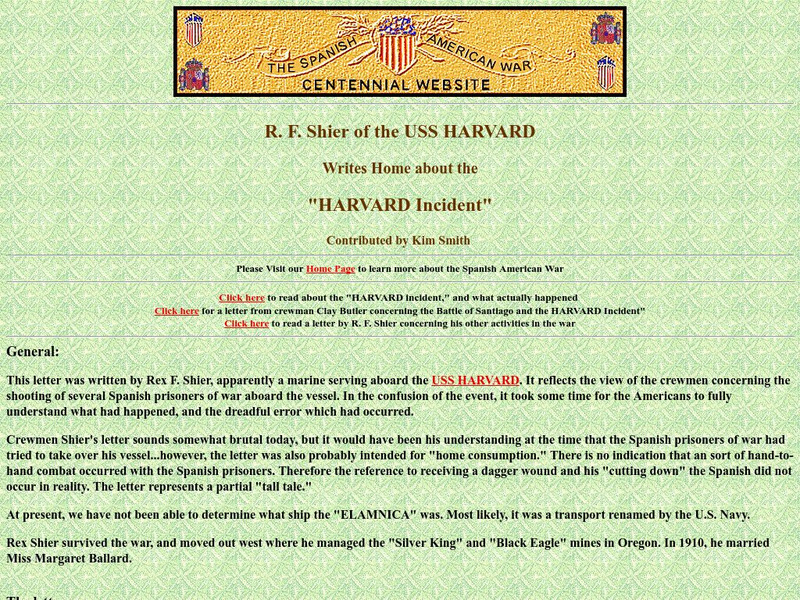 Spanish American War Centennial: R. F. Shier: Uss Harvard Writes Home: Harvard Incident Website