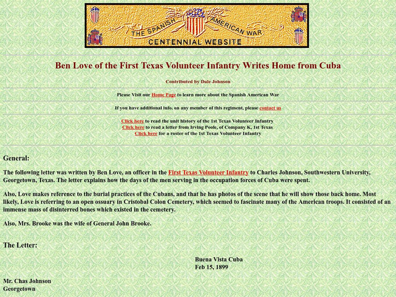 Spanish American War Centennial: Ben Love: First Texas Volunteer Infantry Writes Home From Cuba Website
