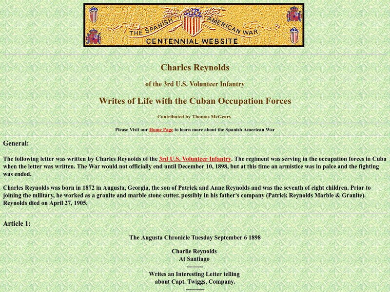 Spanish American War Centennial: Charles Reynolds: Writes of Life With the Cuban Occupation Forces Primary Spanish American War Centennial: Charles Reynolds: Writes of Life With the Cuban Occupation Forces Primary