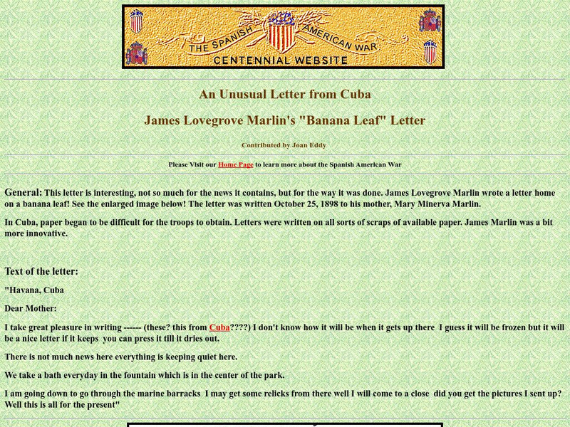 Spanish American War Centennial: An Unusual Letter From Cuba: James Marlin's "Banana Leaf" Letter Primary Spanish American War Centennial: An Unusual Letter From Cuba: James Marlin's "Banana Leaf" Letter Primary