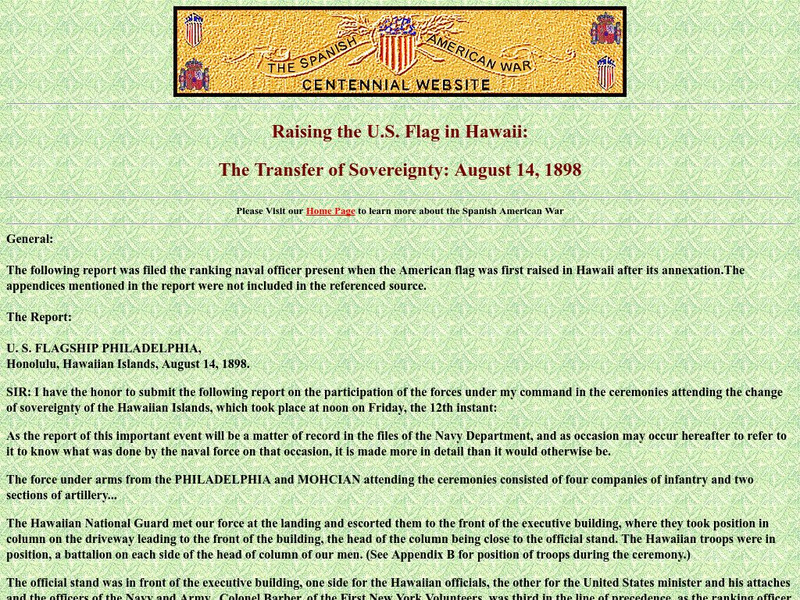 Spanish American War Centennial: Raising the u.s. Flag in Hawaii: Transfer of Sovereignty: August 1898 Primary