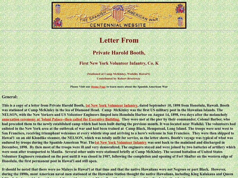 Spanish American War Centennial: Letter From Private Harold Booth: First New York Volunteer Infantry Primary