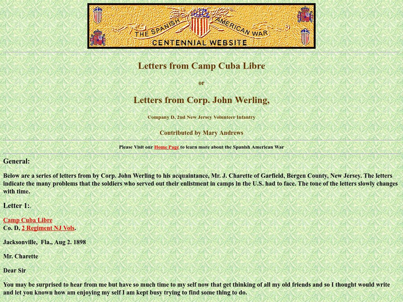Spanish American War Centennial: Letters From Camp Cuba Libre or Letters From Corporal John Werling Primary