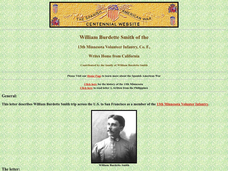 Spanish American War Centennial: William Burdette Smith: 13th Minnesota: Writes Home From California Primary Spanish American War Centennial: William Burdette Smith: 13th Minnesota: Writes Home From California Primary