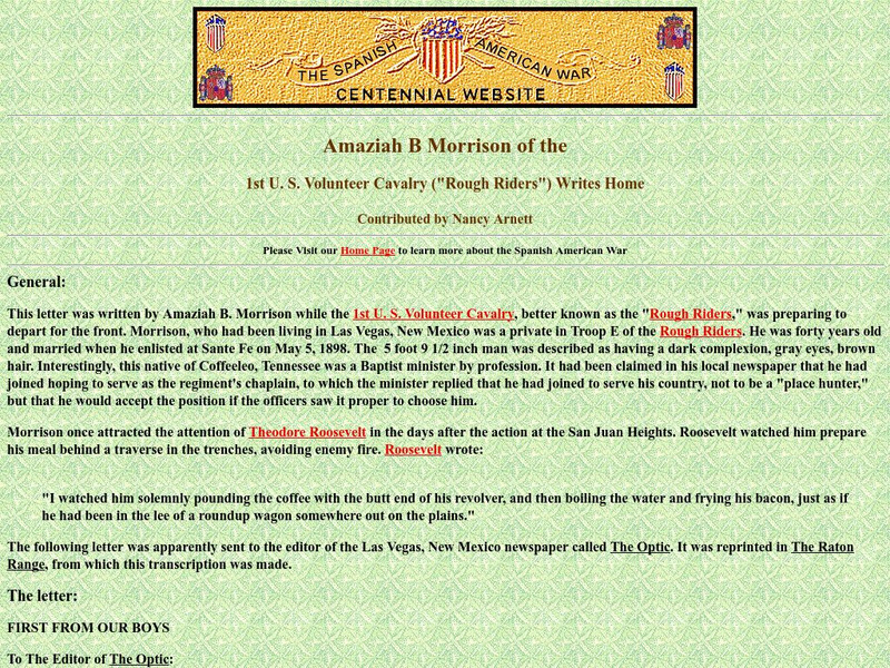 Spanish American War Centennial: Amaziah B Morrison of the Rough Riders Writes Home Primary Spanish American War Centennial: Amaziah B Morrison of the Rough Riders Writes Home Primary
