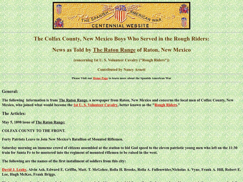Spanish American War Centennial: Colfax County, New Mexico Boys of Rough Riders: News Primary
