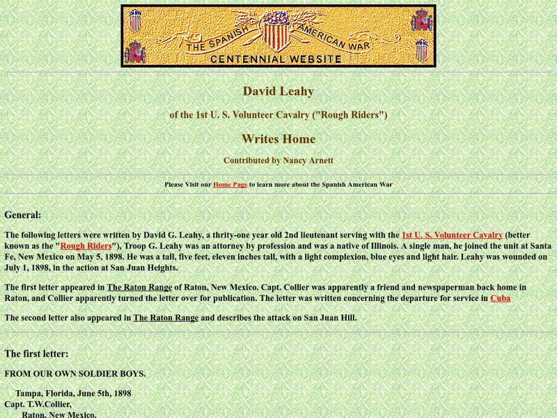 Spanish American War Centennial: David Leahy: 1st u.s. Volunteer Cavalry: Rough Riders: Writes Home Primary Spanish American War Centennial: David Leahy: 1st u.s. Volunteer Cavalry: Rough Riders: Writes Home Primary