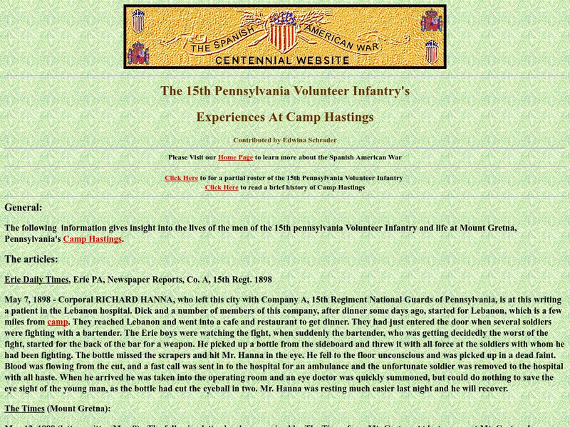 Spanish American War Centennial: 15th Pennsylvania Volunteer Infantry's Experiencences Camp Hastings Primary Spanish American War Centennial: 15th Pennsylvania Volunteer Infantry's Experiencences Camp Hastings Primary