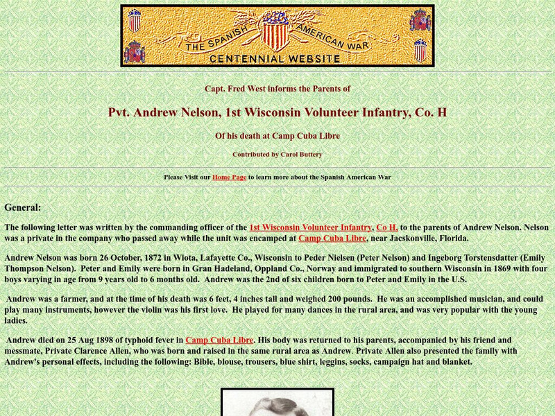 Spanish American War Centennial: Pvt. Andrew Nelson: Letter of His Death at Camp Cuba Libre Primary