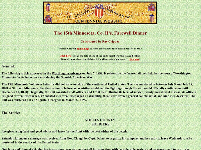 Spanish American War Centennial: The 15th Minnesota: Co. H's, Farewell Dinner Primary Spanish American War Centennial: The 15th Minnesota: Co. H's, Farewell Dinner Primary