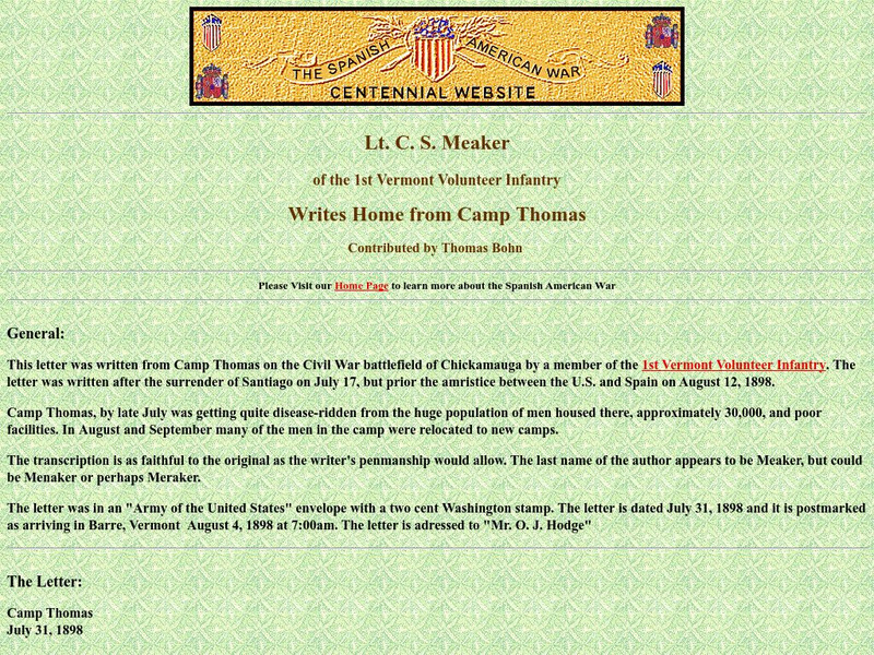 Spanish American War Centennial: Lt. c.s. Meaker: 1st Vermont: Writes Home From Camp Thomas Primary Spanish American War Centennial: Lt. c.s. Meaker: 1st Vermont: Writes Home From Camp Thomas Primary