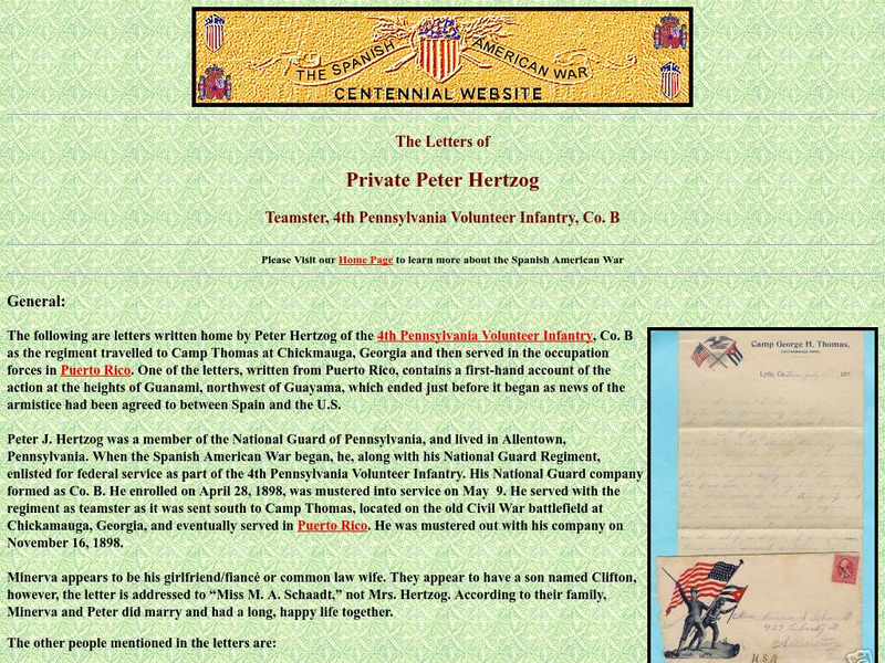 Spanish American War Centennial: The Letters of Private Peter Hertzog Primary