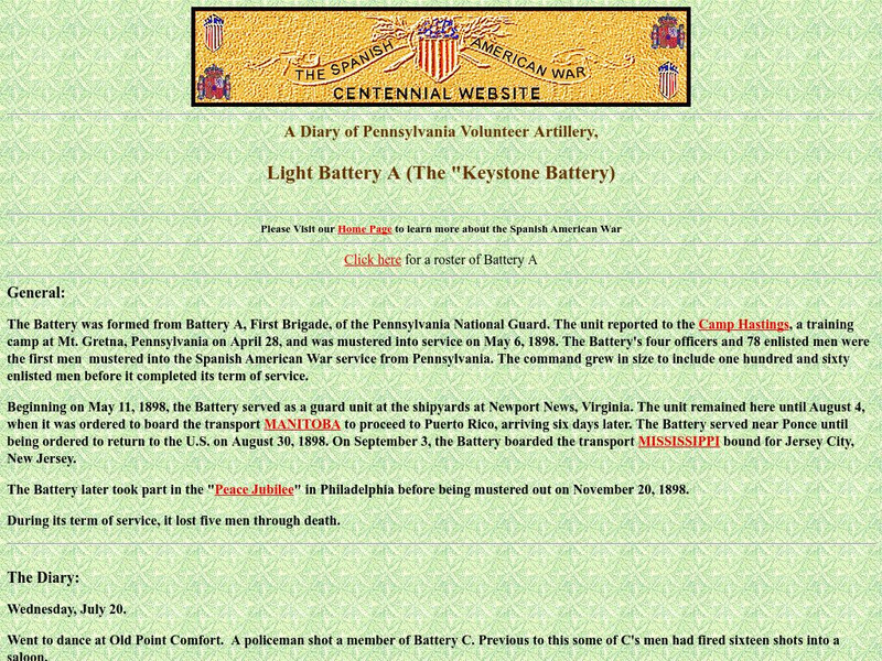 Spanish American War Centennial: A Diary of Pennsylvania Volunteer Artillery Primary Spanish American War Centennial: A Diary of Pennsylvania Volunteer Artillery Primary