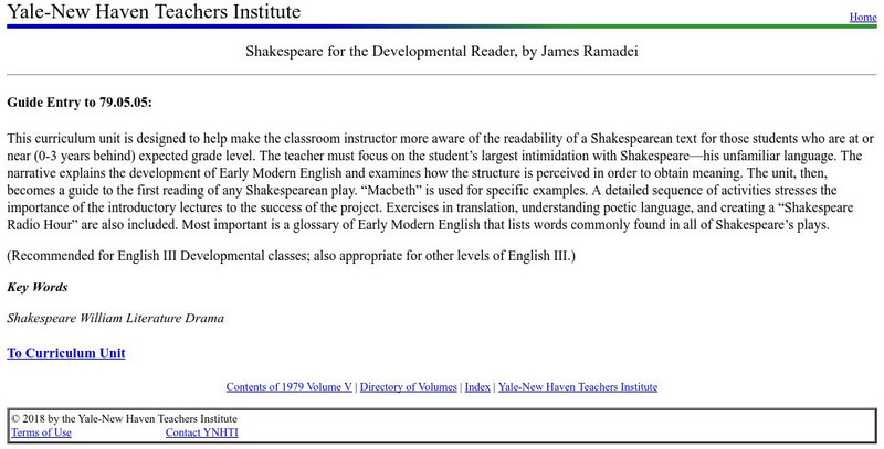 Yale New Haven Teachers Institute: Shakespeare for the Developmental Reader Lesson Plan Yale New Haven Teachers Institute: Shakespeare for the Developmental Reader Lesson Plan