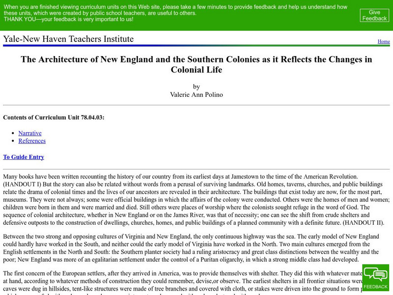 Yale New Haven Teachers Institute: Architecture of New England,southern Colonies Lesson Plan Yale New Haven Teachers Institute: Architecture of New England,southern Colonies Lesson Plan