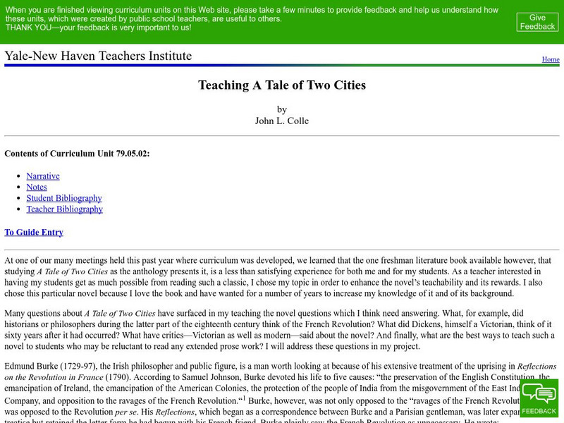 Yale New Haven Teachers Institute: Teaching a Tale of Two Cities Lesson Plan Yale New Haven Teachers Institute: Teaching a Tale of Two Cities Lesson Plan
