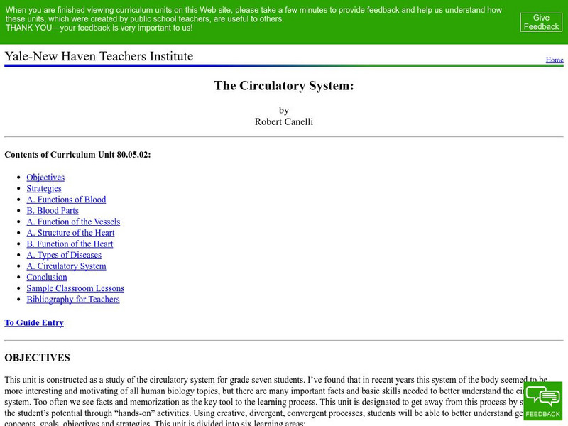 Yale New Haven Teachers Institute: The Circulatory System Lesson Plan Yale New Haven Teachers Institute: The Circulatory System Lesson Plan