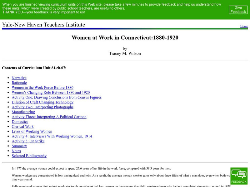 Yale New Haven Teachers Institute: Women at Work in Connecticut 1880 1920 Lesson Plan