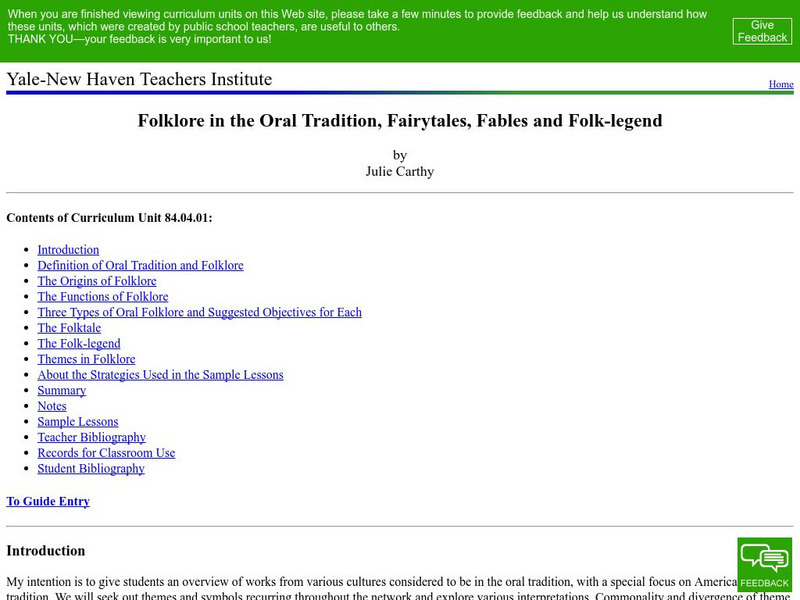 Yale New Haven Teachers Institute: Definition of Oral Tradition and Folklore Lesson Plan Yale New Haven Teachers Institute: Definition of Oral Tradition and Folklore Lesson Plan