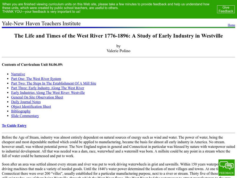 Yale New Haven Teachers Institute: West River 1776 1896: Study of Early Industry Lesson Plan Yale New Haven Teachers Institute: West River 1776 1896: Study of Early Industry Lesson Plan