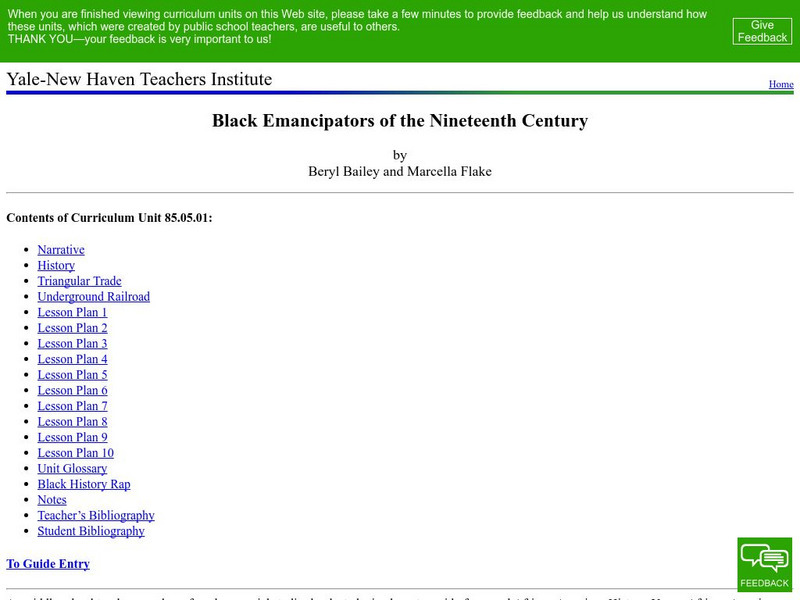 Yale New Haven Teachers Institute: Black Emancipators of the 19th Century Lesson Plan Yale New Haven Teachers Institute: Black Emancipators of the 19th Century Lesson Plan