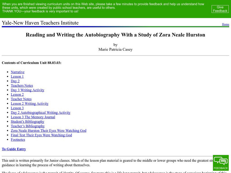 Yale New Haven Teachers Institute: Zora Neale Hurston Lesson Plan Yale New Haven Teachers Institute: Zora Neale Hurston Lesson Plan