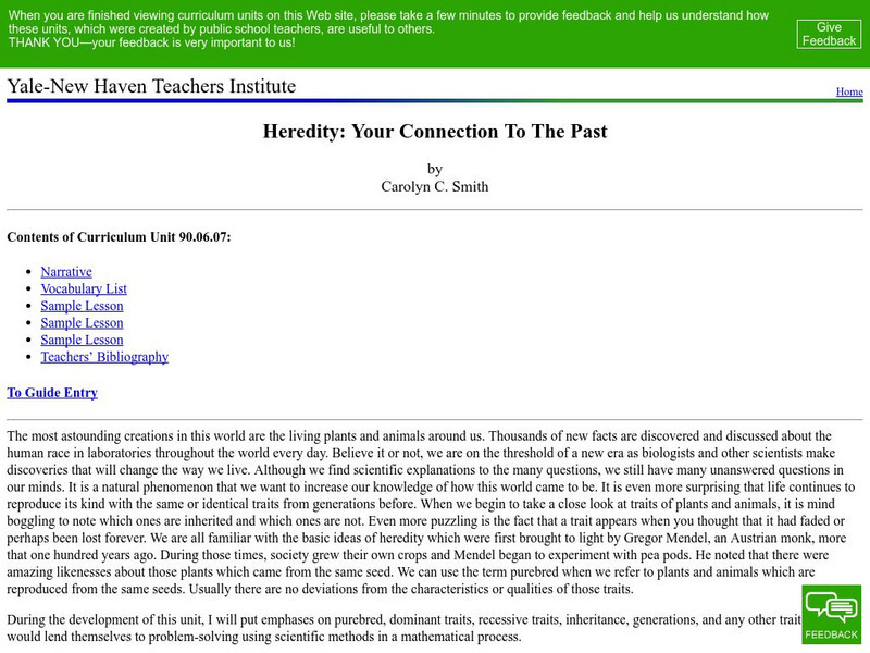 Yale New Haven Teachers Institute: Heredity: Your Connection to the Past Lesson Plan Yale New Haven Teachers Institute: Heredity: Your Connection to the Past Lesson Plan