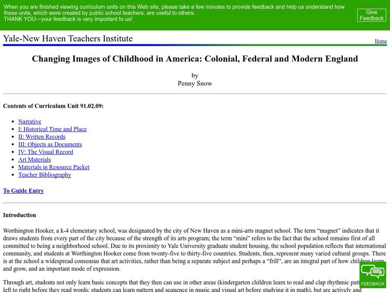 Yale New Haven Teachers Institute: Colonial, Federal and Modern England Lesson Plan Yale New Haven Teachers Institute: Colonial, Federal and Modern England Lesson Plan