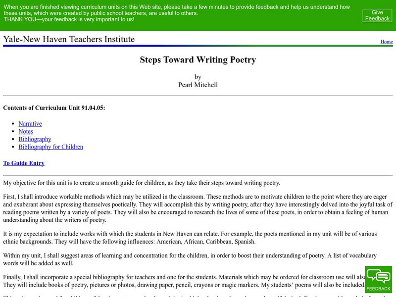 Yale New Haven Teachers Institute: Steps Toward Writing Poetry Lesson Plan Yale New Haven Teachers Institute: Steps Toward Writing Poetry Lesson Plan