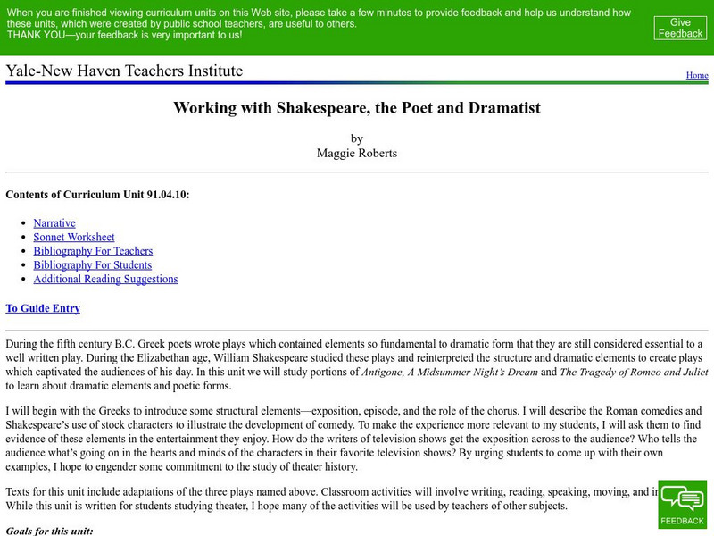 Yale New Haven Teachers Institute: Working With Shakespeare Lesson Plan Yale New Haven Teachers Institute: Working With Shakespeare Lesson Plan