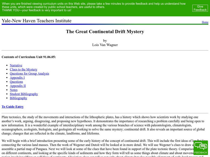 Yale New Haven Teachers Institute: The Great Continental Drift Mystery Lesson Plan Yale New Haven Teachers Institute: The Great Continental Drift Mystery Lesson Plan