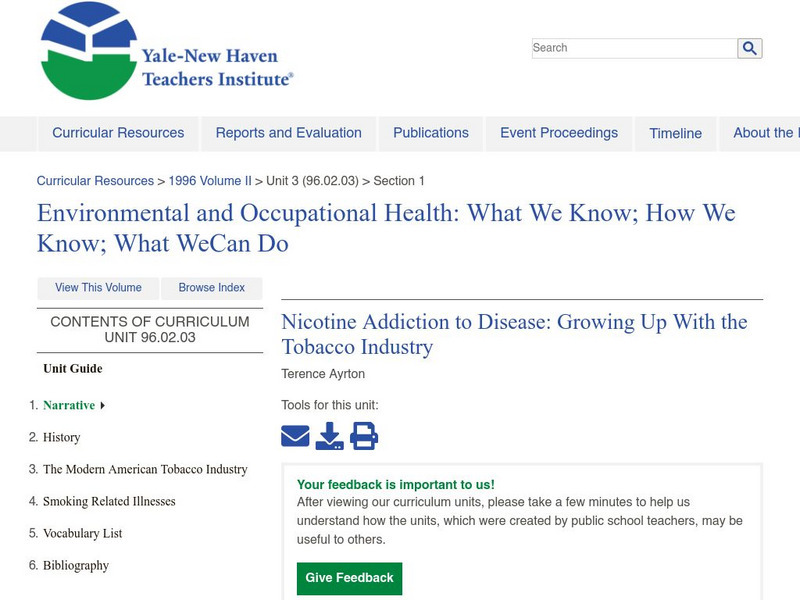 Yale New Haven Teachers Institute: Nicotine Addiction Lesson Plan Yale New Haven Teachers Institute: Nicotine Addiction Lesson Plan