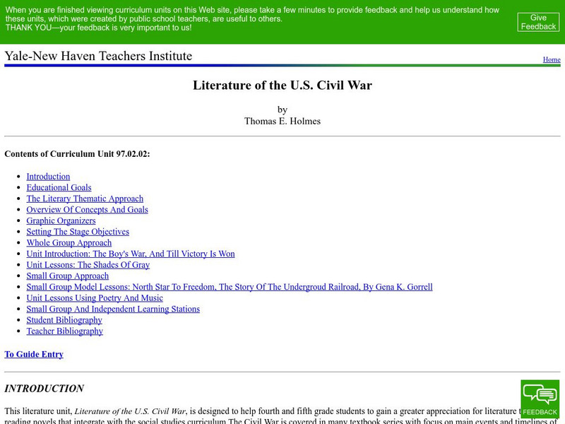 Yale New Haven Teachers Institute: Literature of the u.s. Civil War Lesson Plan Yale New Haven Teachers Institute: Literature of the u.s. Civil War Lesson Plan
