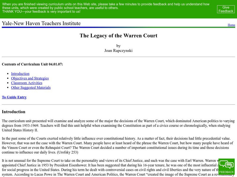 Yale New Haven Teachers Institute: Legacy of the Warren Court Lesson Plan